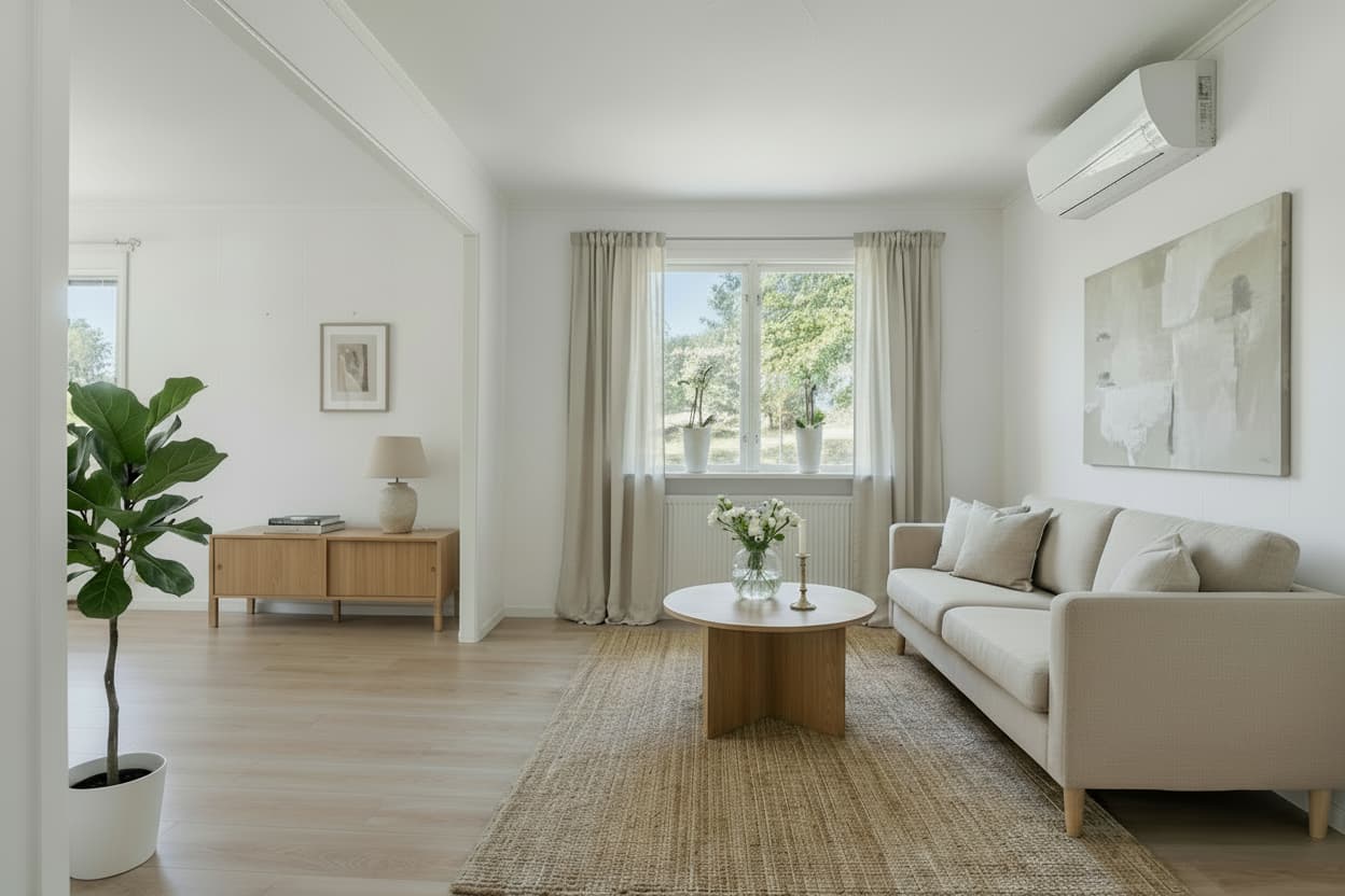 Bright and airy living room after AI homestaging - professionally styled with modern furniture and decor in 5 minutes