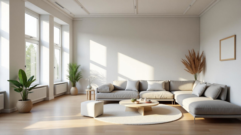 AI styling living room with modern furniture after AI homestaging - before and after example of realistic virtual interior design